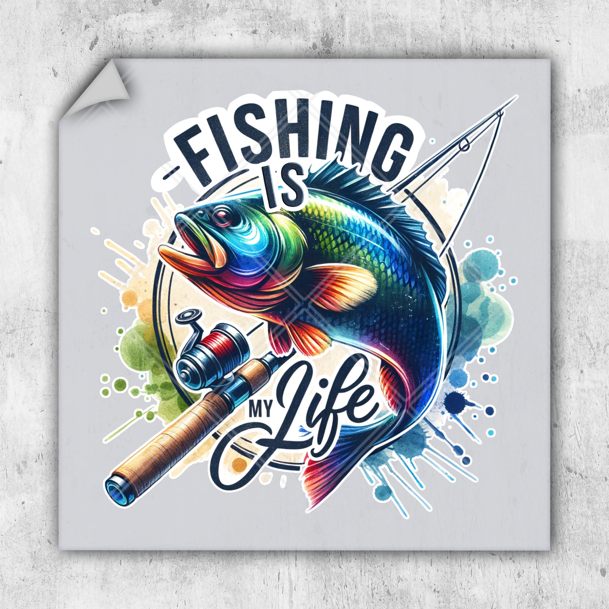 a sticker with a fish and a fishing rod