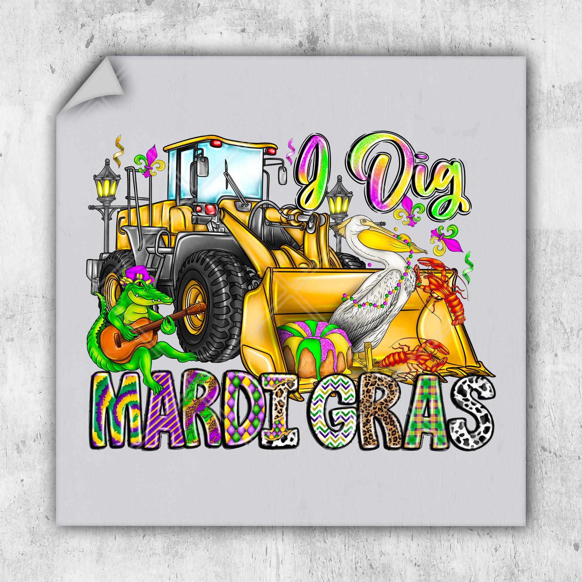 a yellow bulldozer with the words mardi gras on it