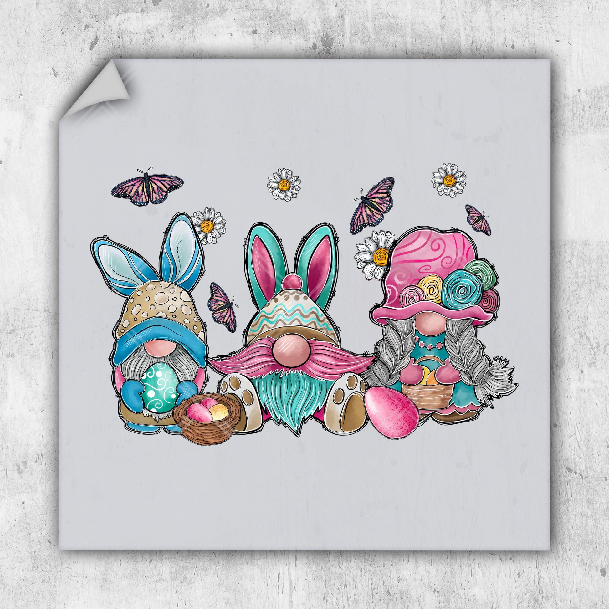 a drawing of two rabbits with flowers and butterflies