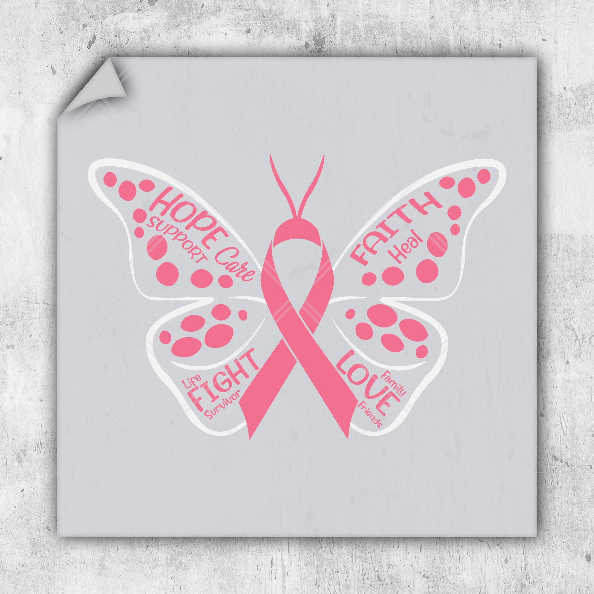 a sticker of a butterfly with a pink ribbon on it