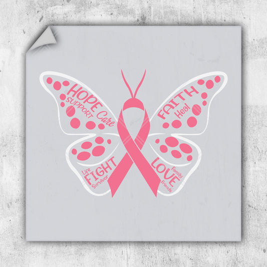 a sticker of a butterfly with a pink ribbon on it