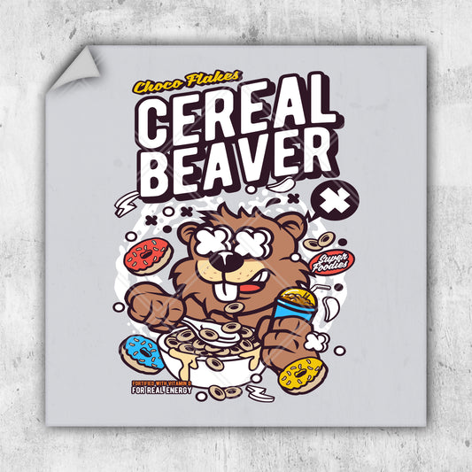 a sticker of a bear eating cereal