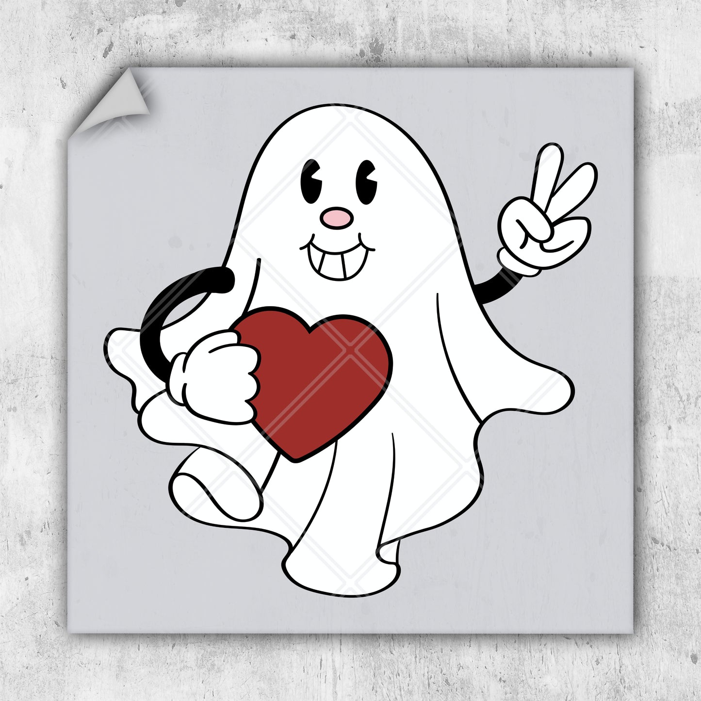 a sticker of a ghost holding a heart