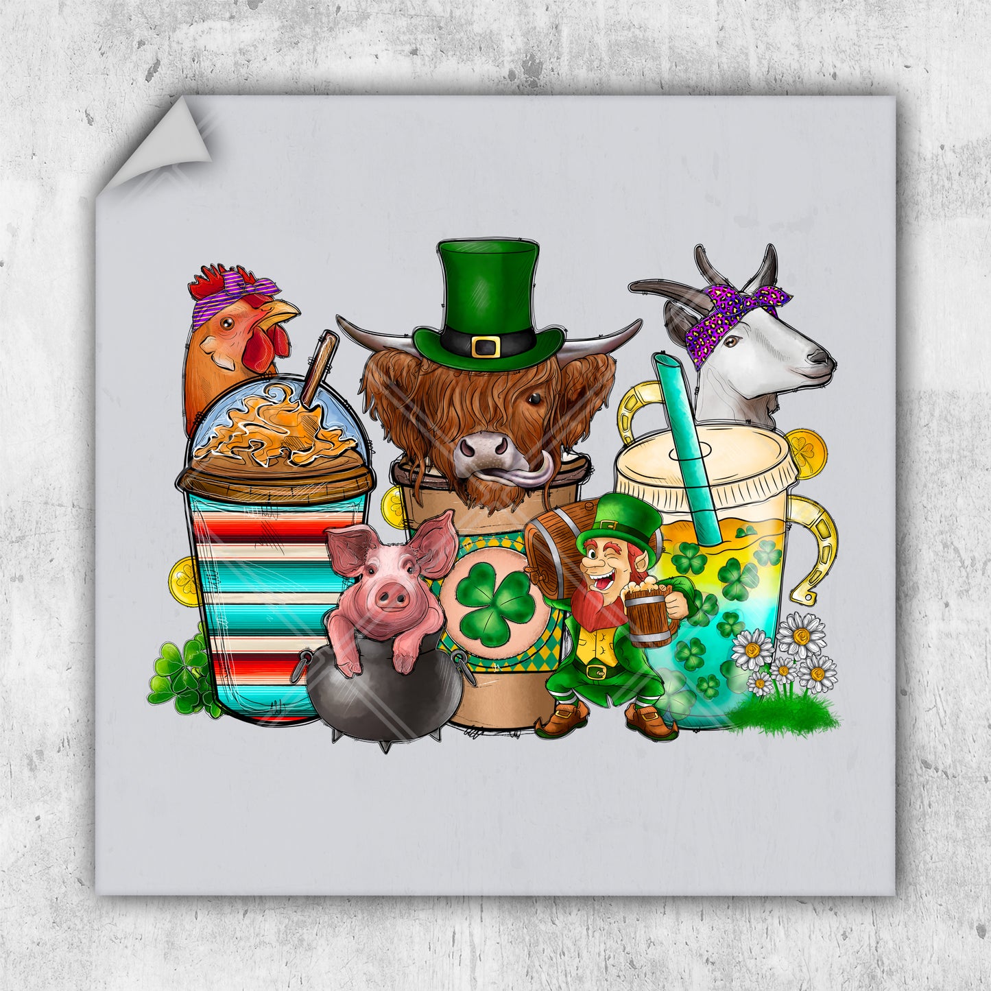 a picture of a cow, a pig, a cow, and a bucket of