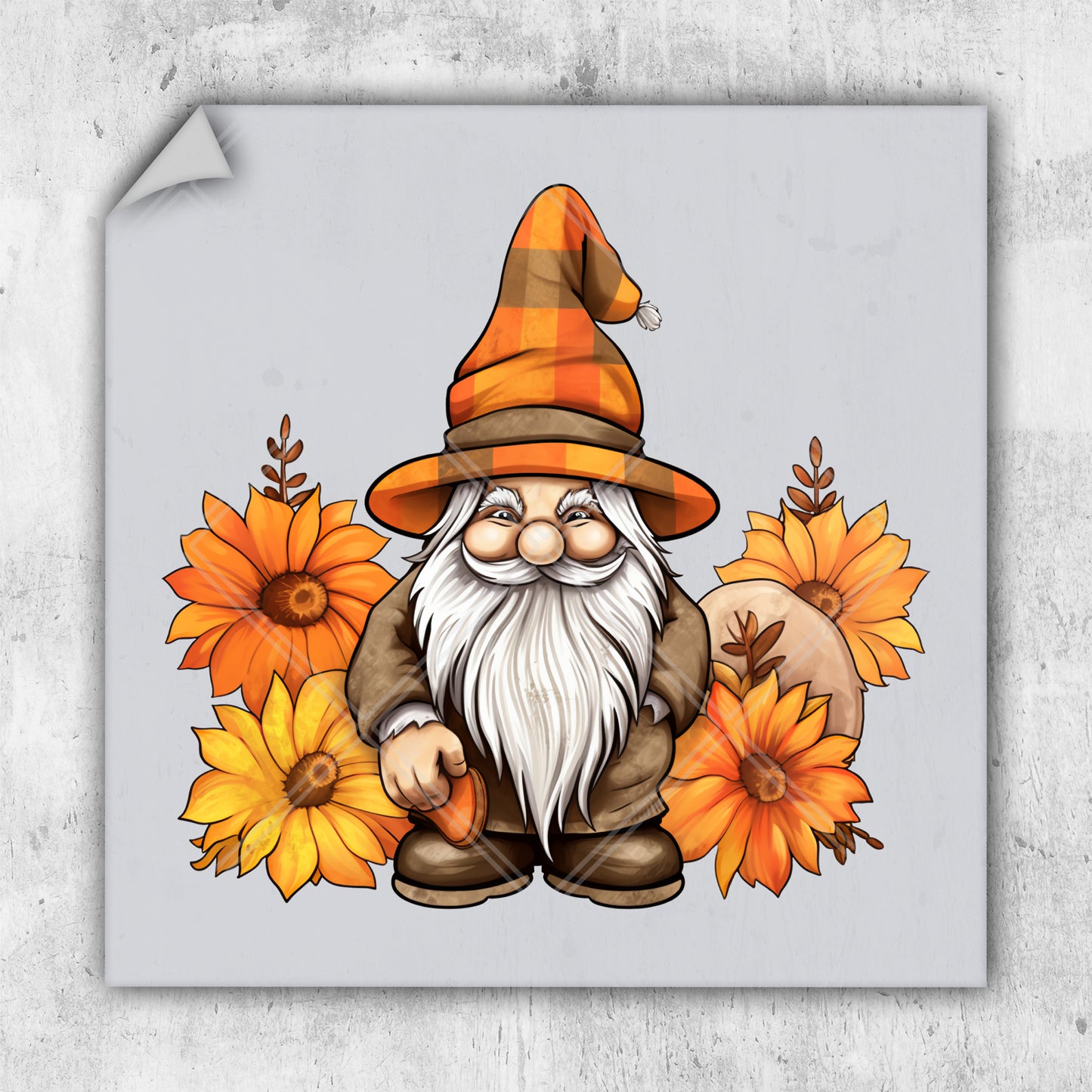 a picture of a gnome with sunflowers