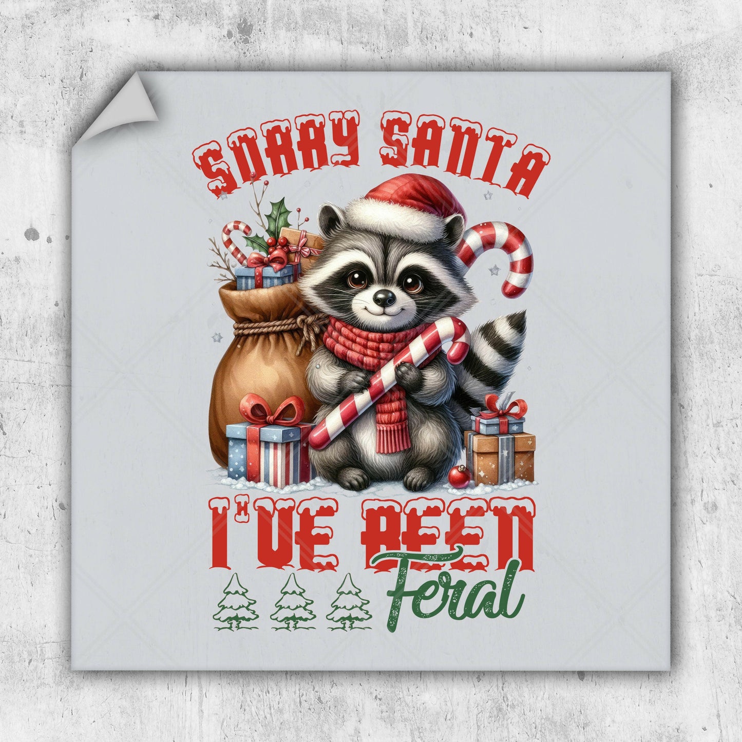 a raccoon wearing a santa hat and holding a candy cane