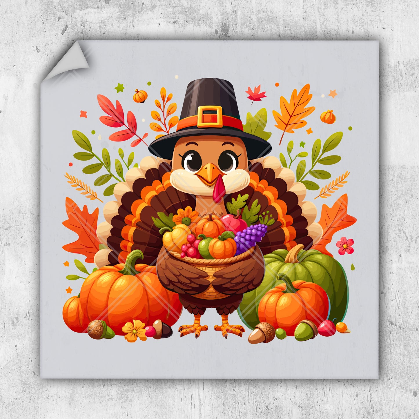 a turkey wearing a pilgrim hat surrounded by pumpkins and gourds