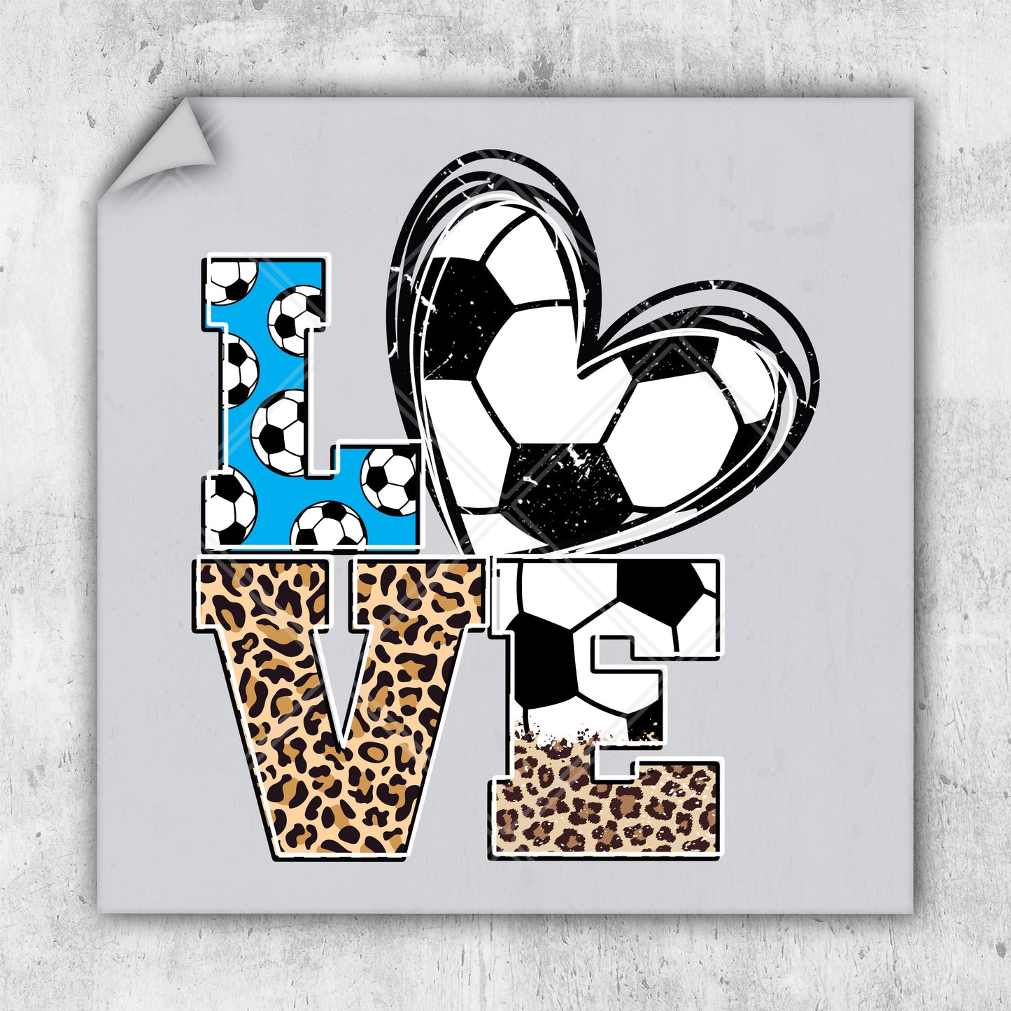 the word love with a soccer ball and leopard print