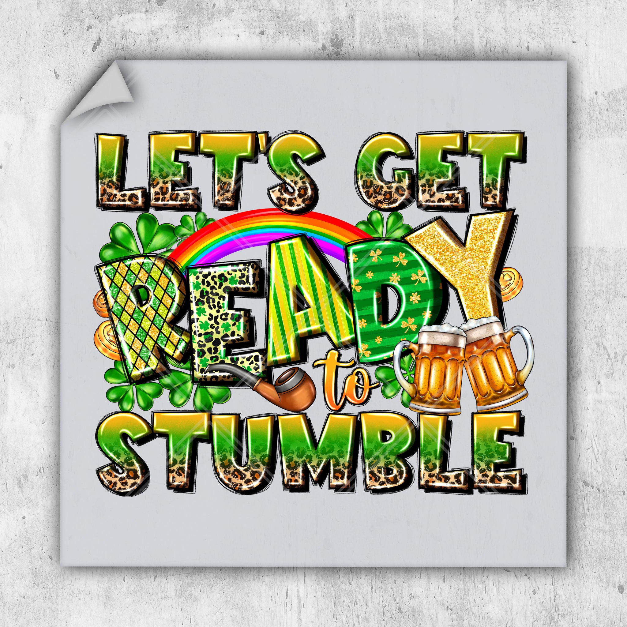 a st patrick's day poster with a pot of shamrocks and a rainbow