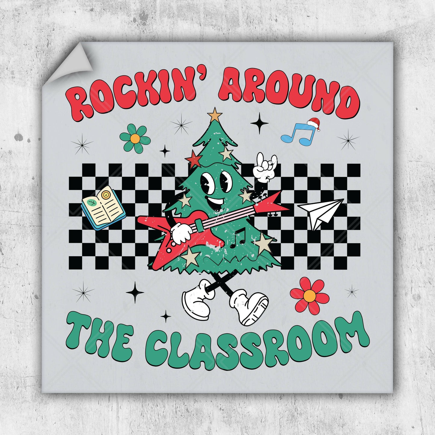 a sticker with a cartoon christmas tree on it