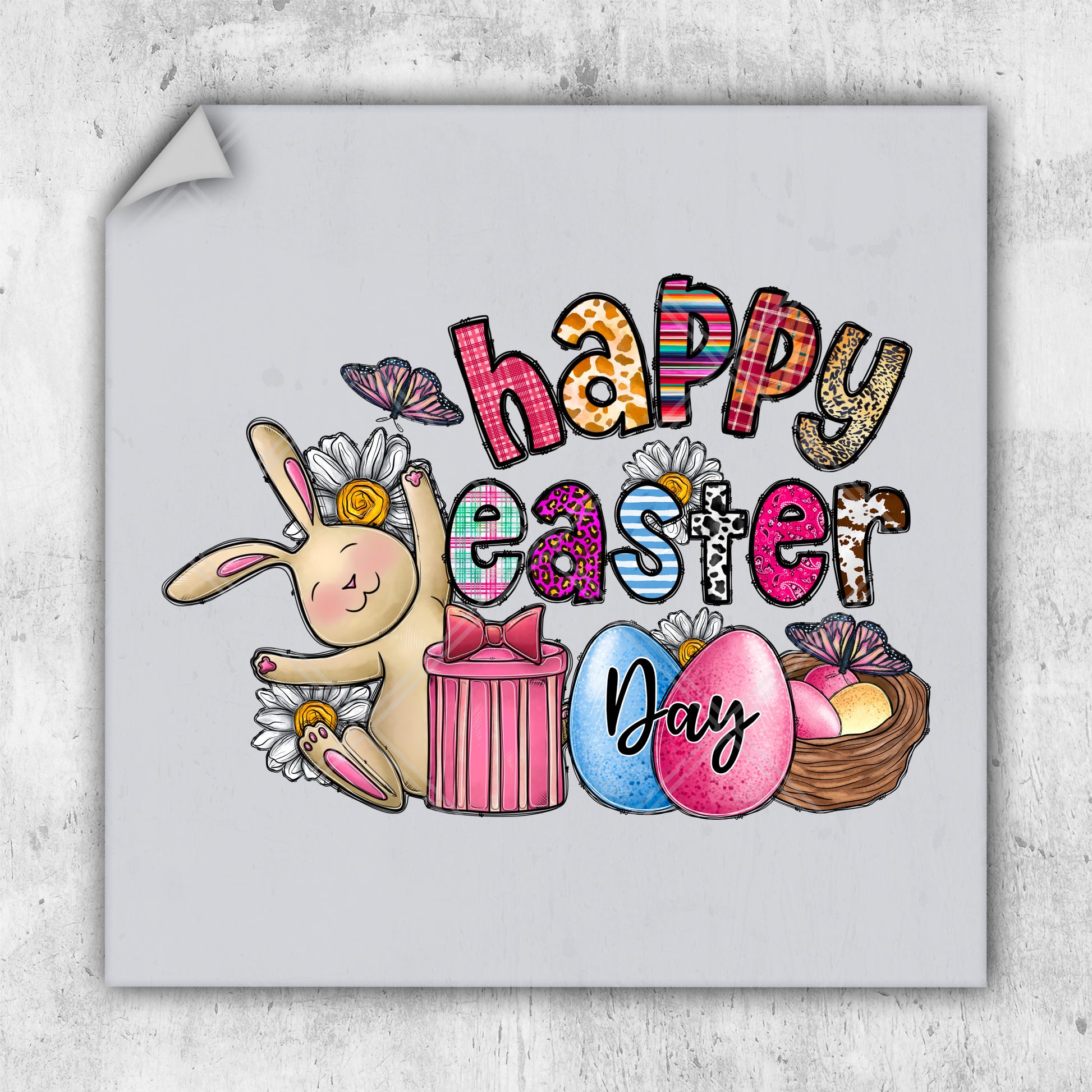 a happy easter card with a bunny and eggs