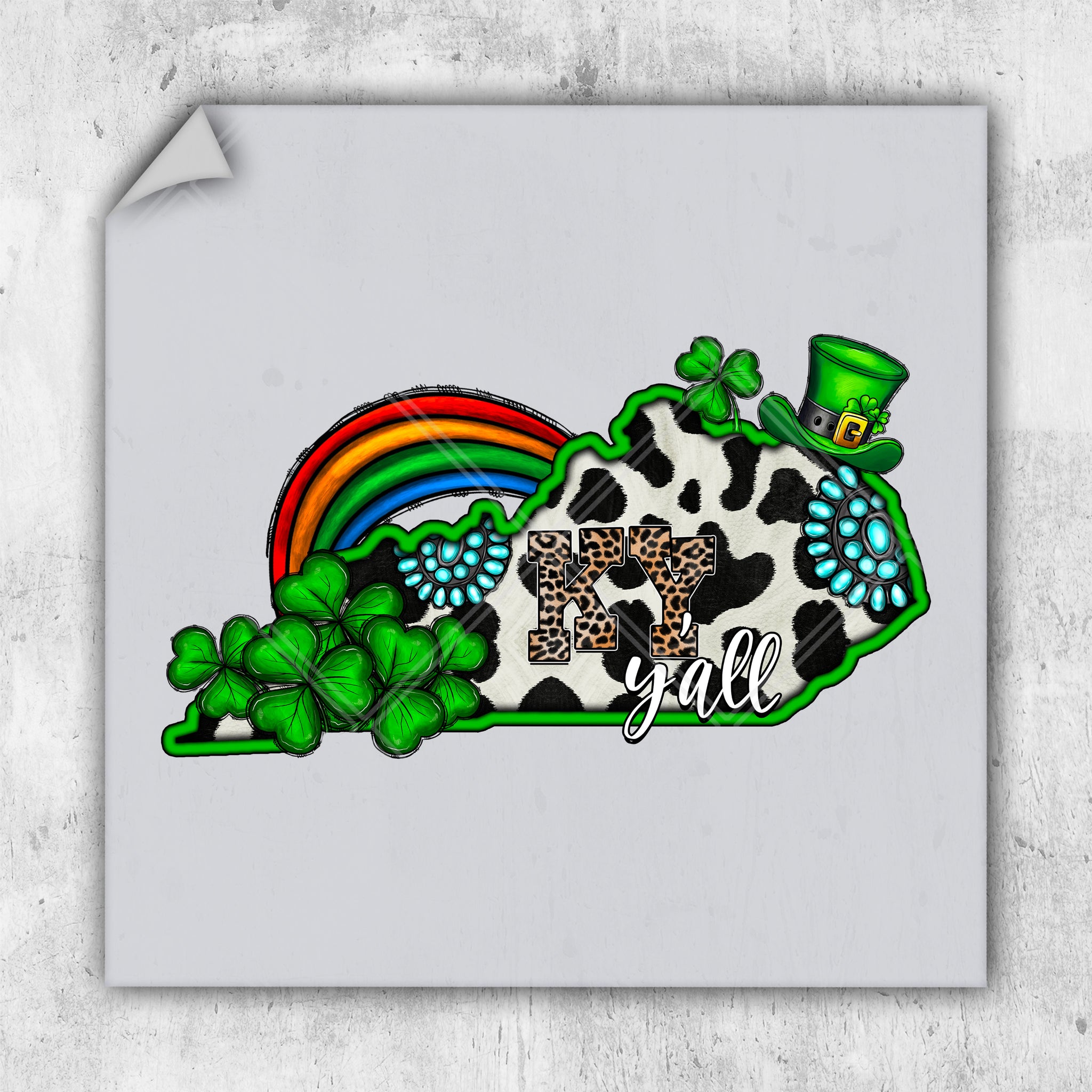 a st patrick's day card with a cow and shamrocks