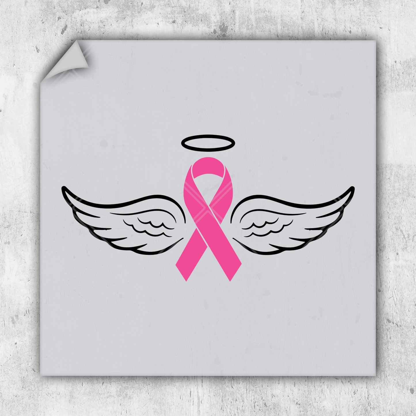 a pink ribbon with angel wings on it