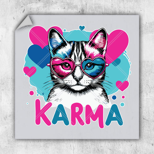 a picture of a cat wearing sunglasses with the words karma on it