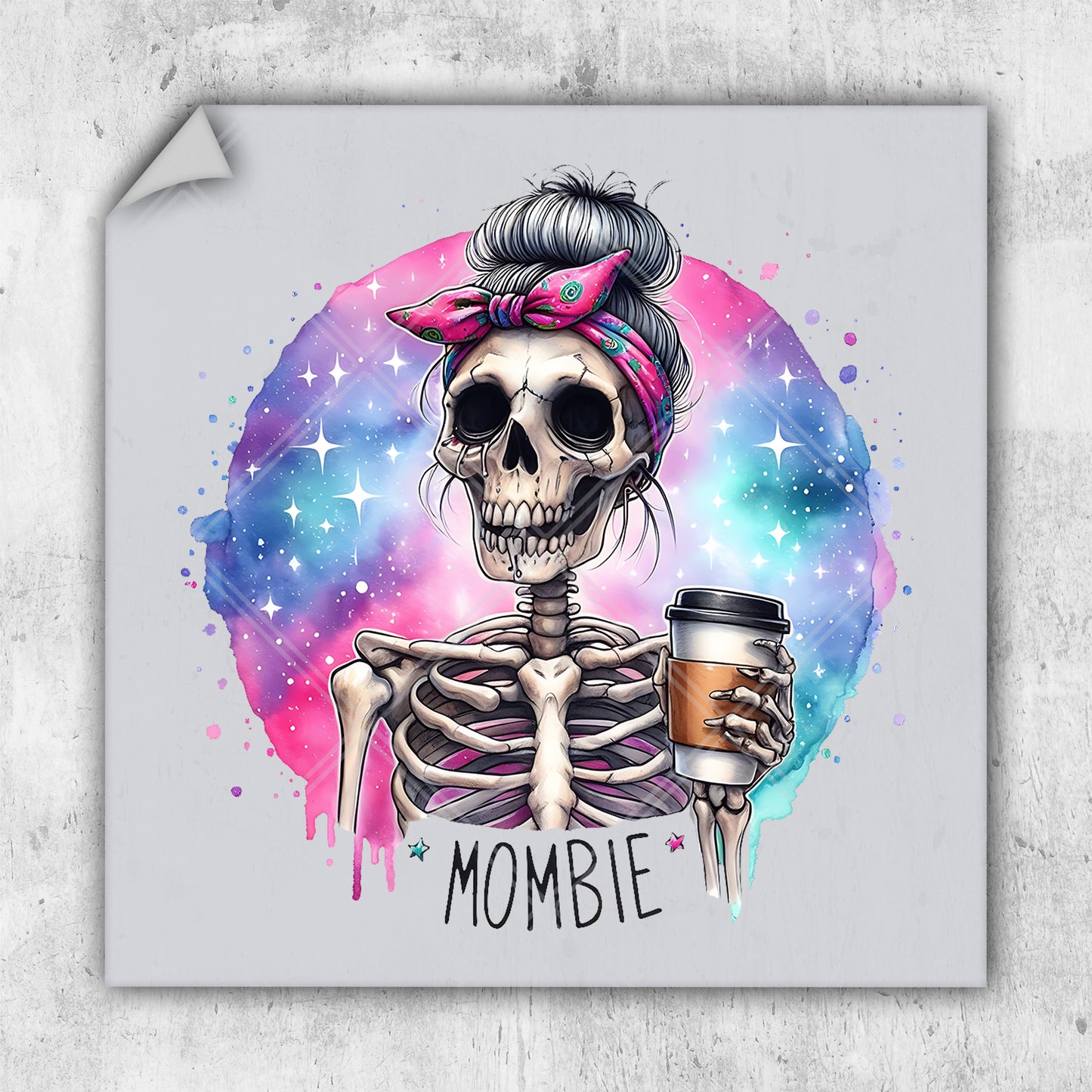 a sticker with a skeleton holding a cup of coffee