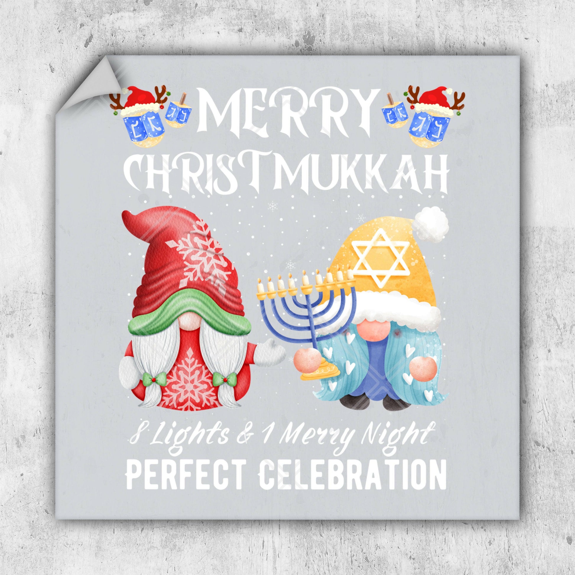 a christmas card with a cartoon character holding a menorah