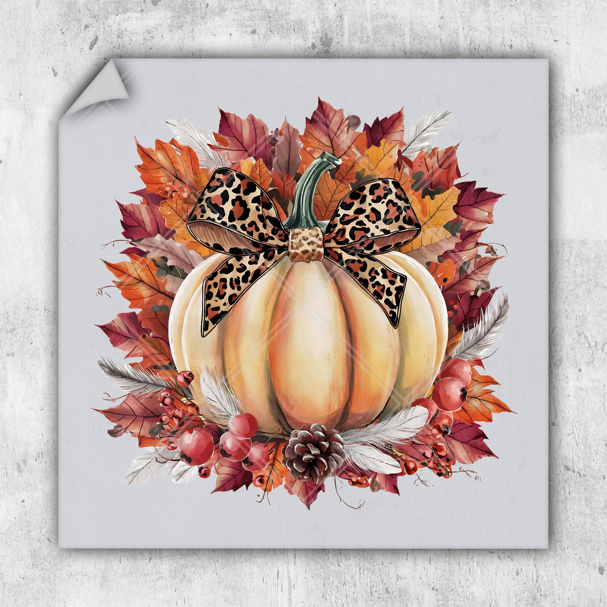 a painting of a pumpkin with a leopard print bow