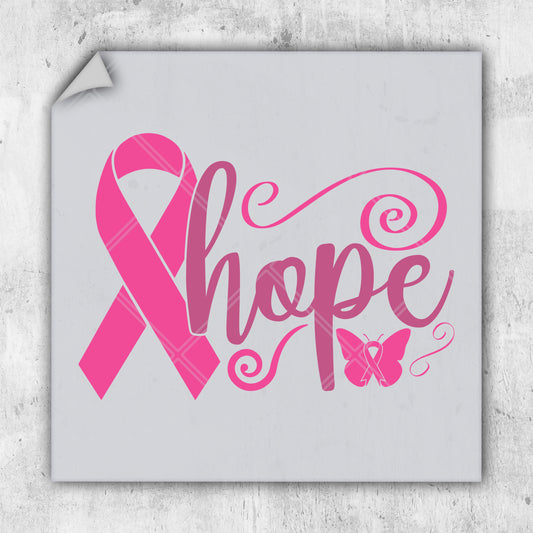 a pink ribbon with the word hope on it