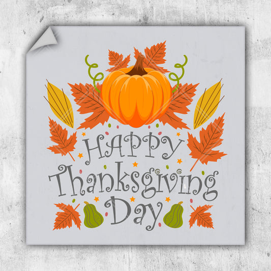 a happy thanksgiving card with a pumpkin and leaves