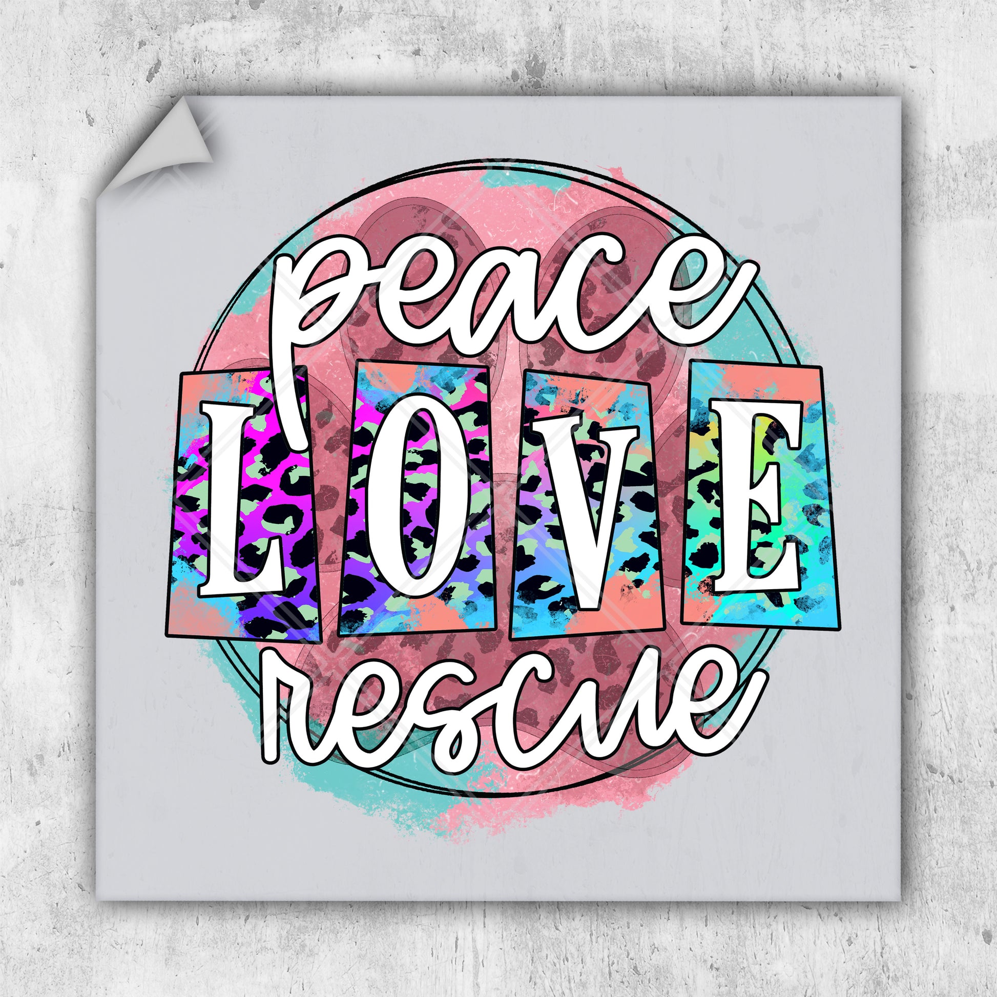 a sticker with the words peace love rescue on it