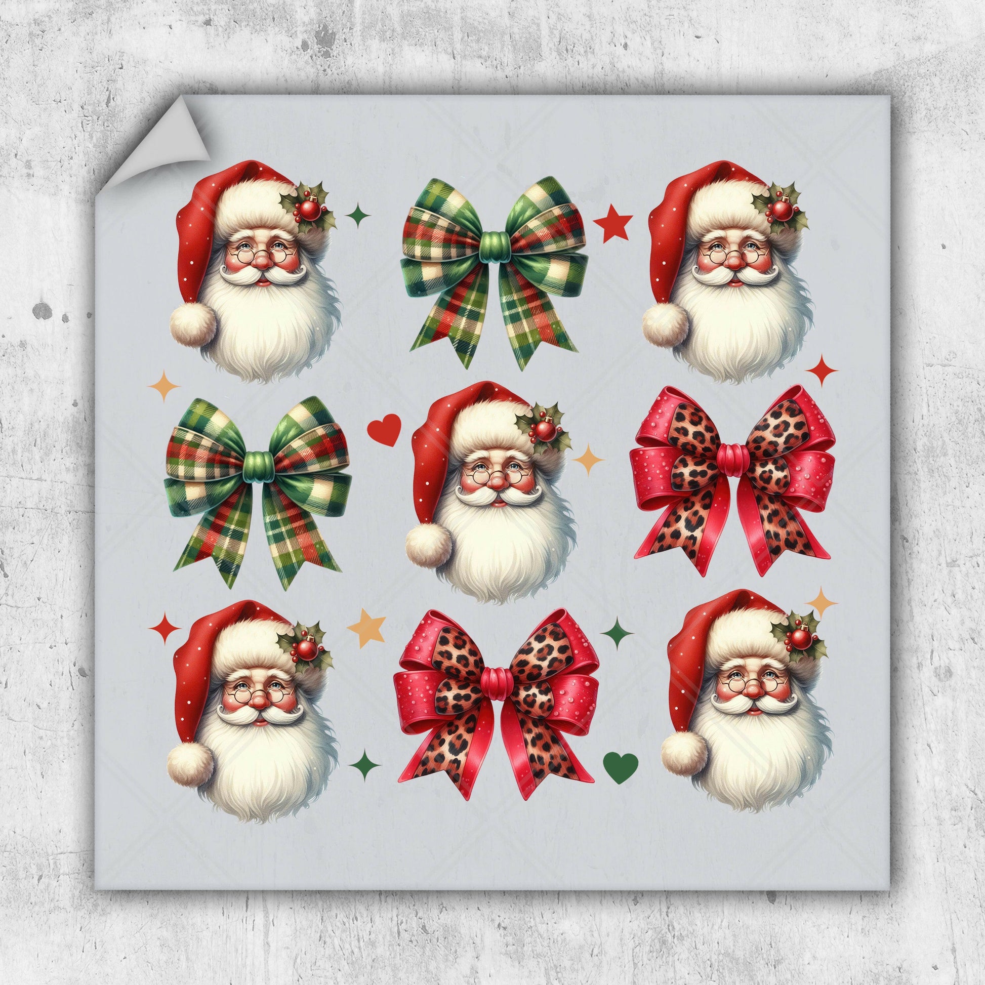 a sticker sheet with santa clauss and bows