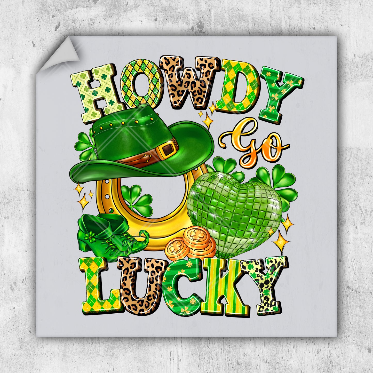 a st patrick's day card with a lepreite hat and shamrocks