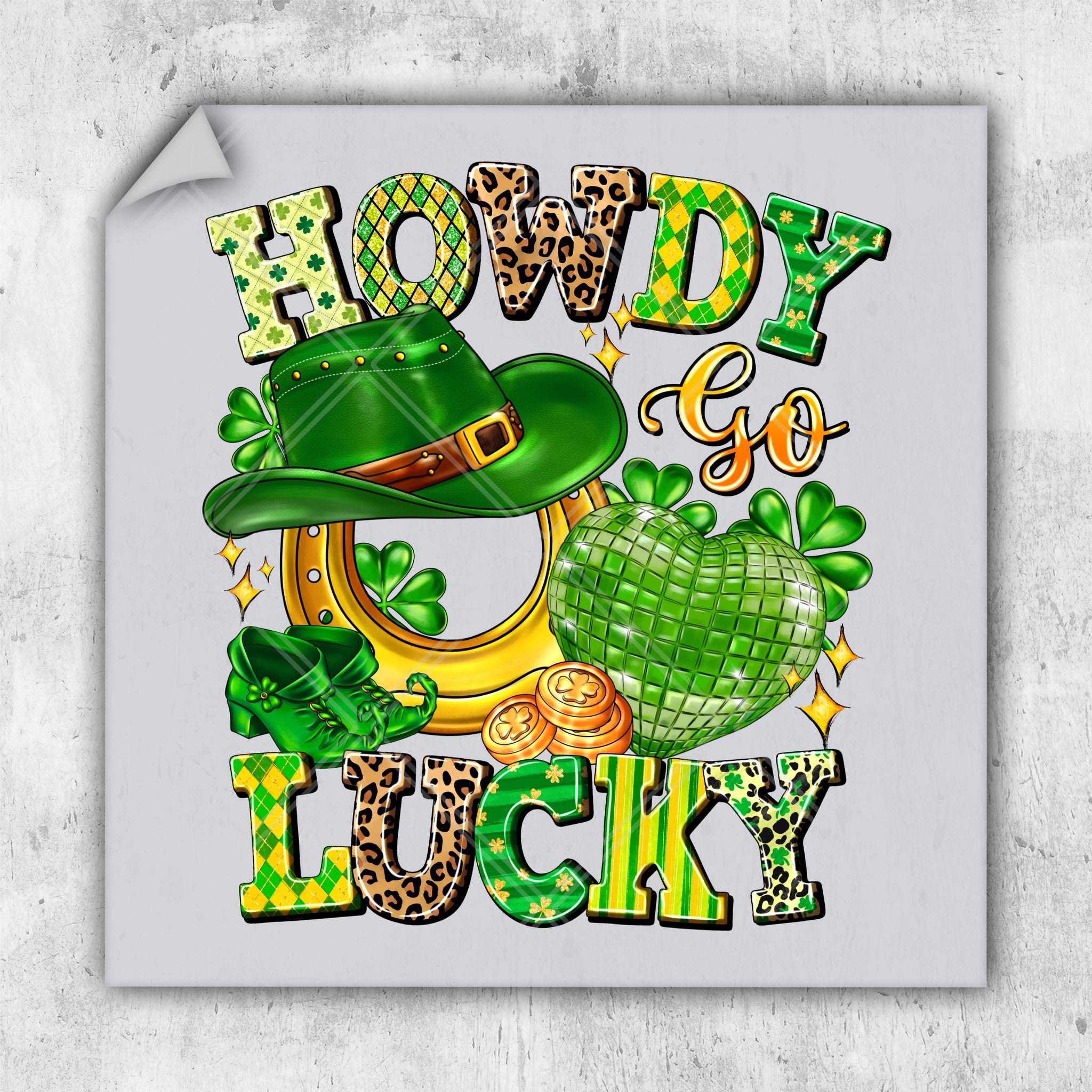 a st patrick's day card with a lepreite hat and shamrocks