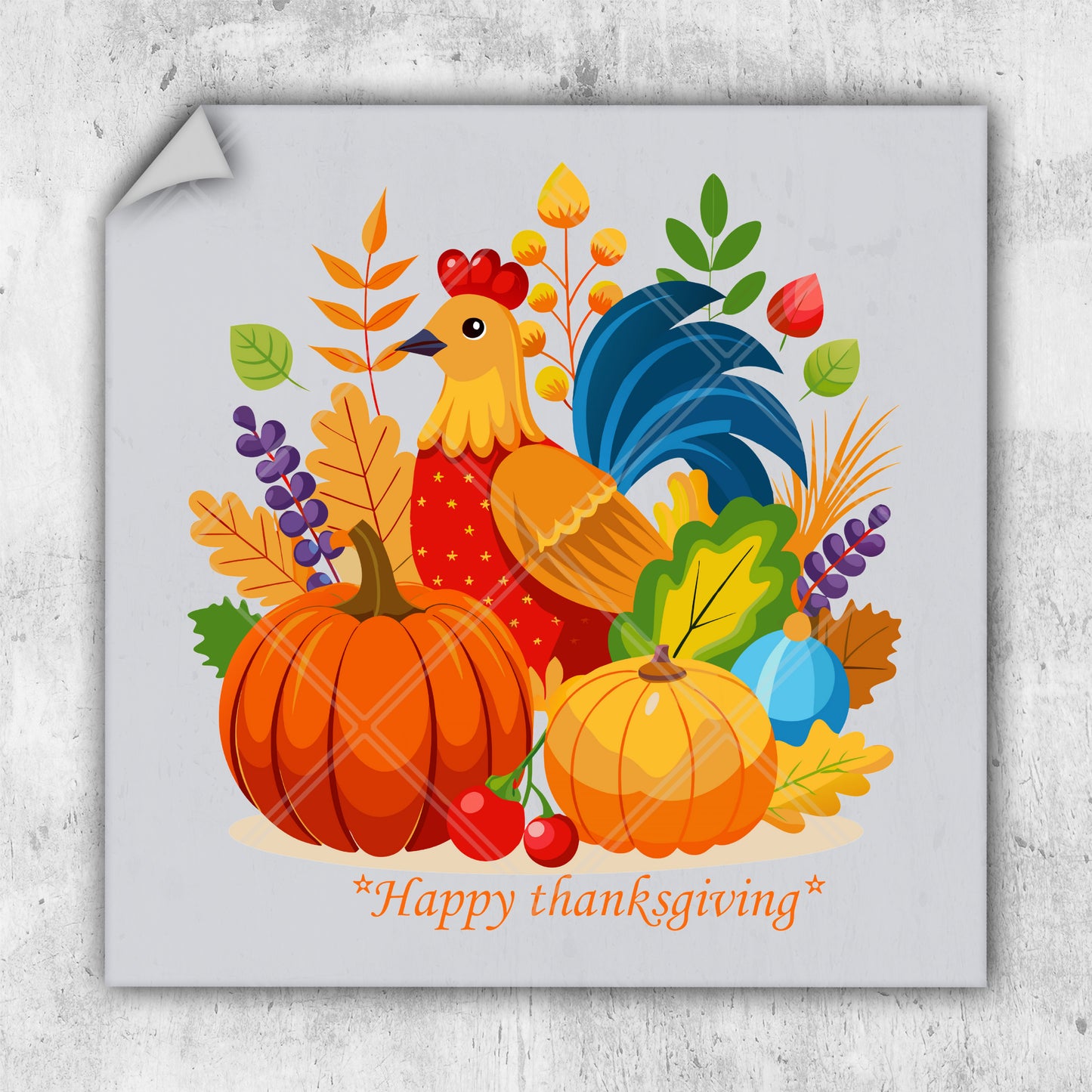 a thanksgiving card with a rooster and pumpkins