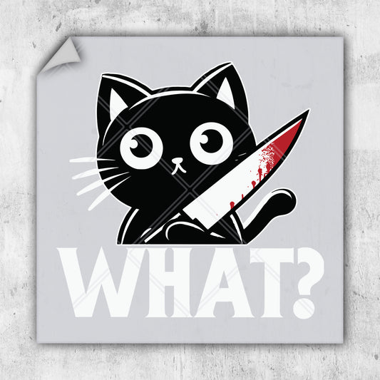 a black cat holding a knife with the word stahw on it