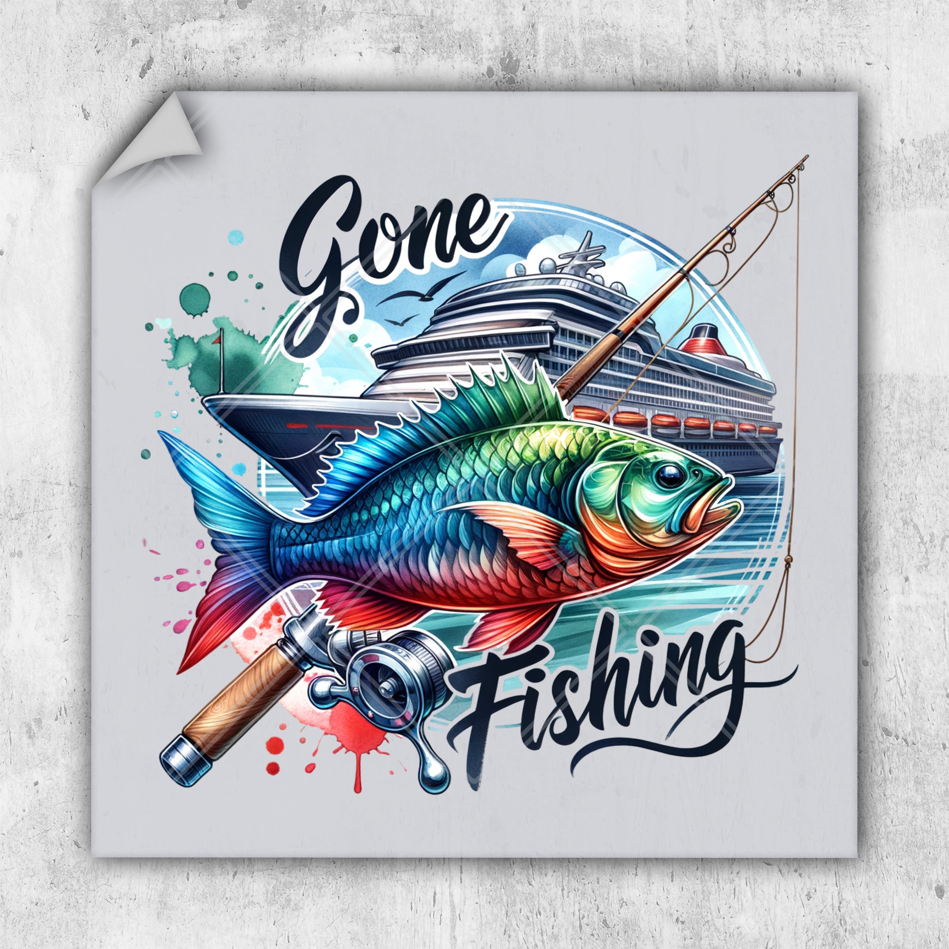 a fish with a fishing rod and a fishing pole