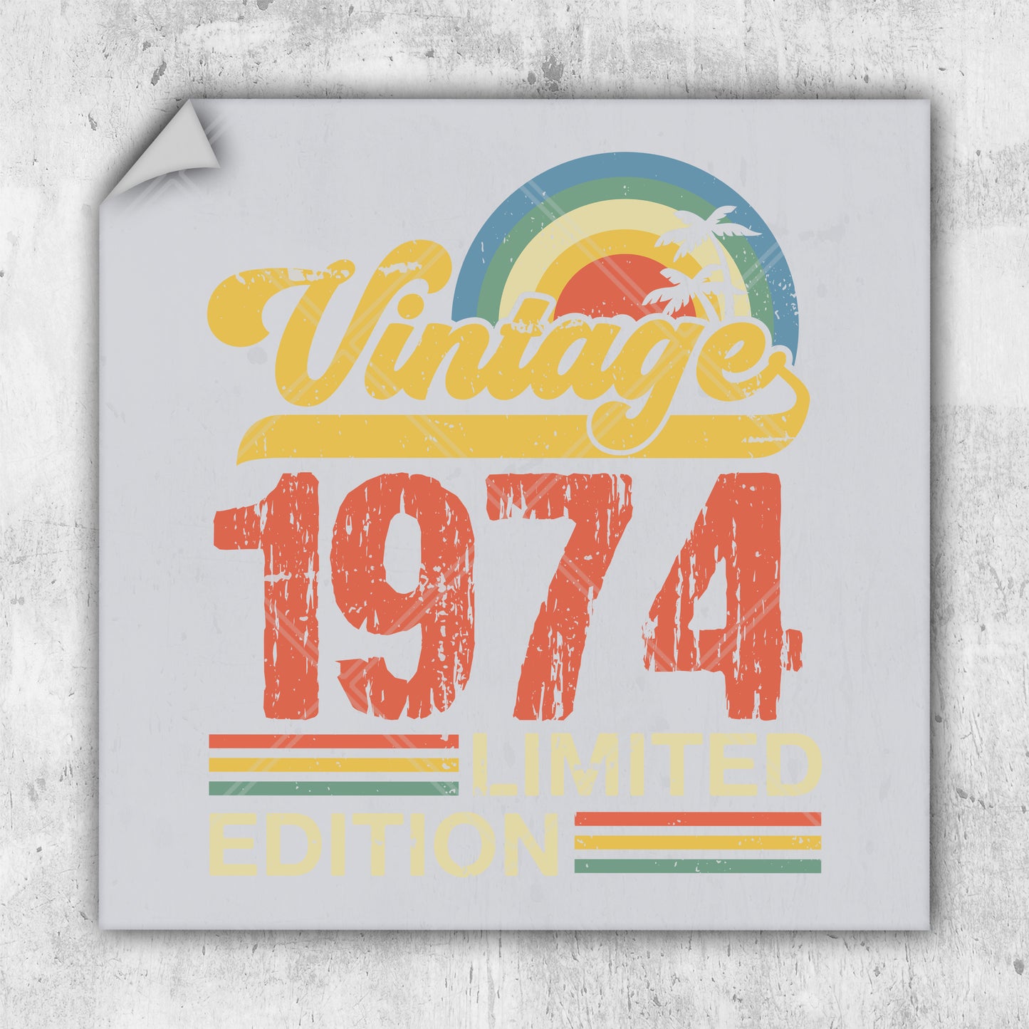 a white square sticker with the words vintage 1974 printed on it