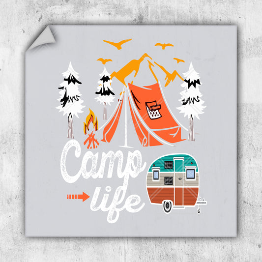 a camp life poster with a camper and a tent