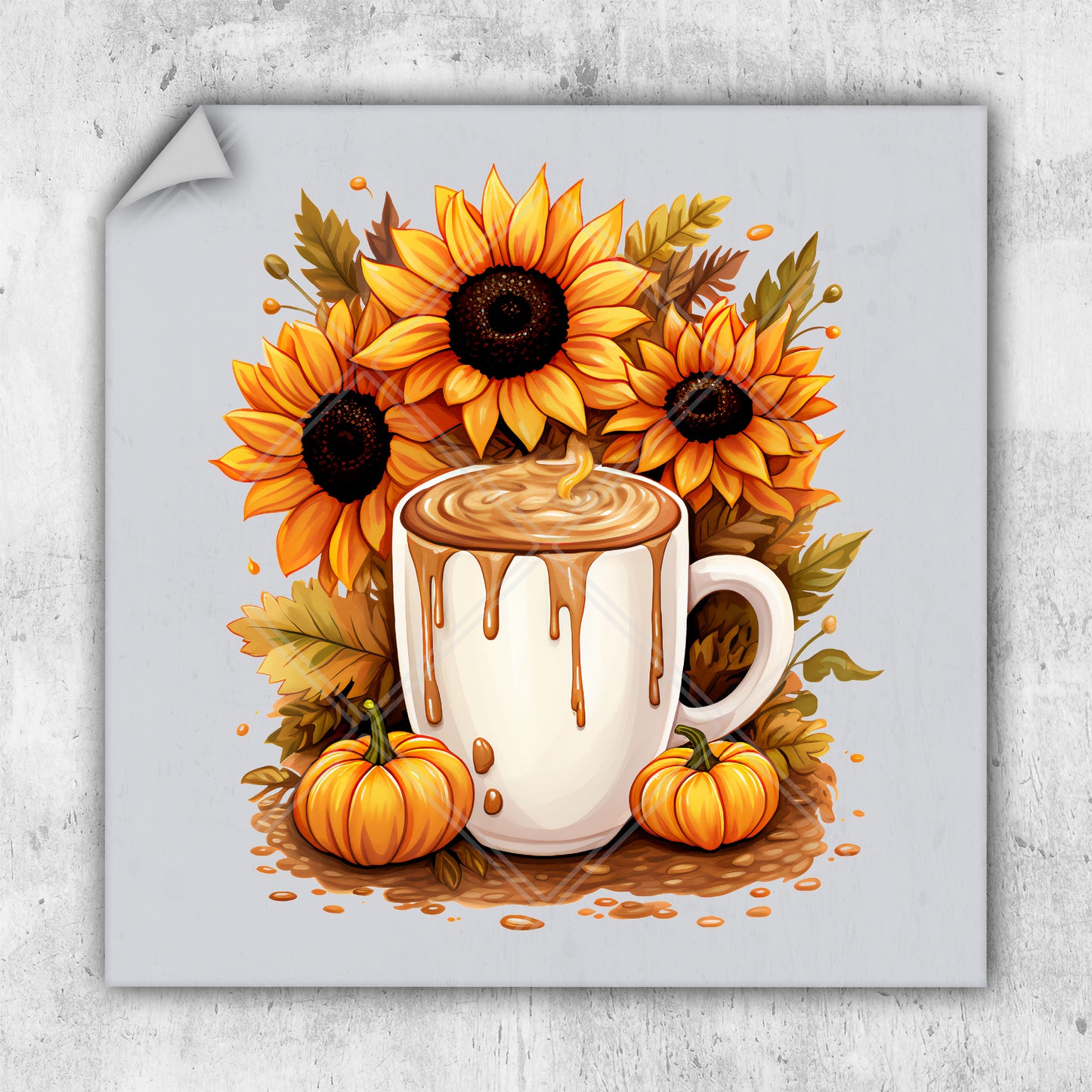 a painting of a cup of hot chocolate surrounded by sunflowers