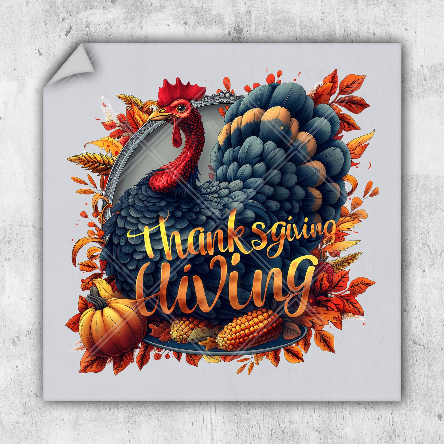 a turkey with a turkey on it's head is surrounded by autumn leaves and