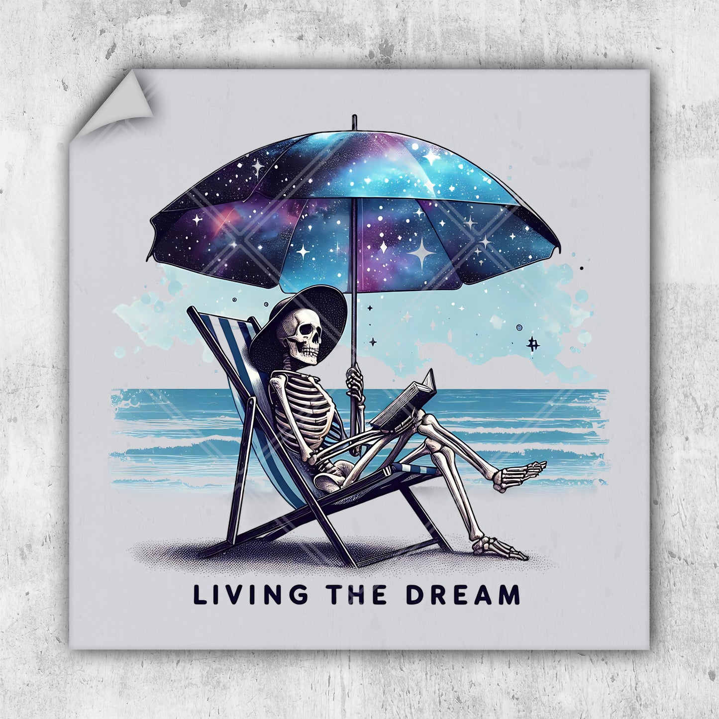 a skeleton sitting on a beach chair under an umbrella