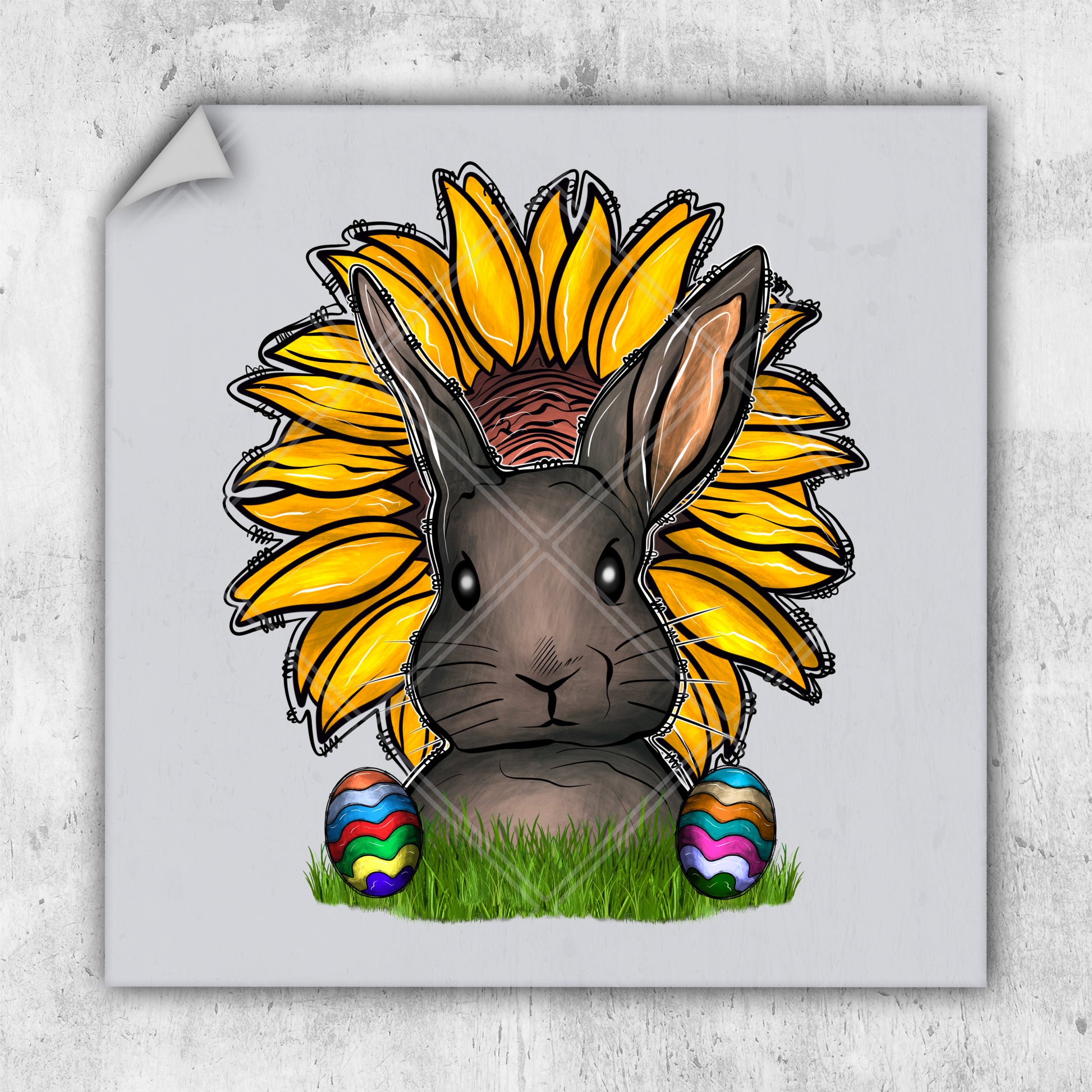 a picture of a rabbit with a sunflower on its head