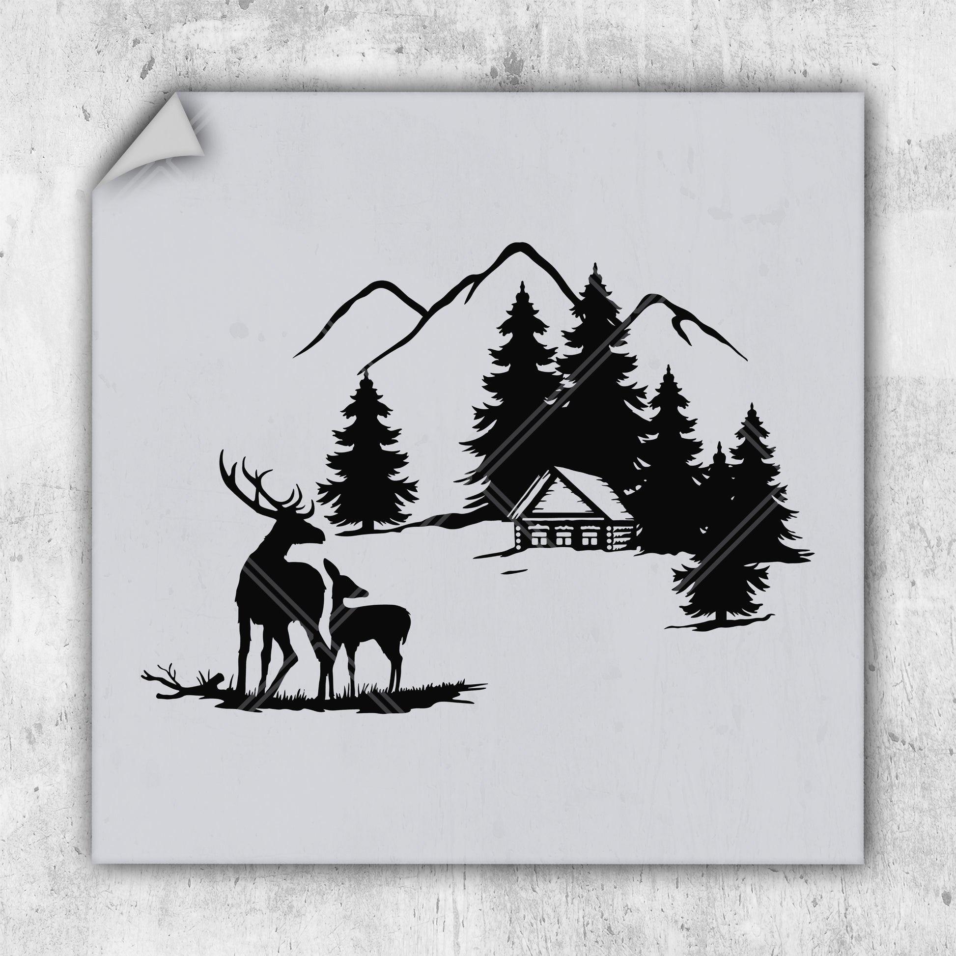 a picture of a deer and a house in the woods