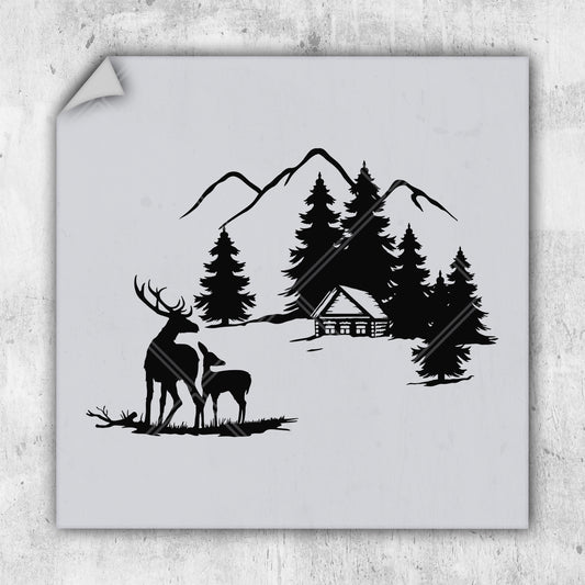 a picture of a deer and a house in the woods