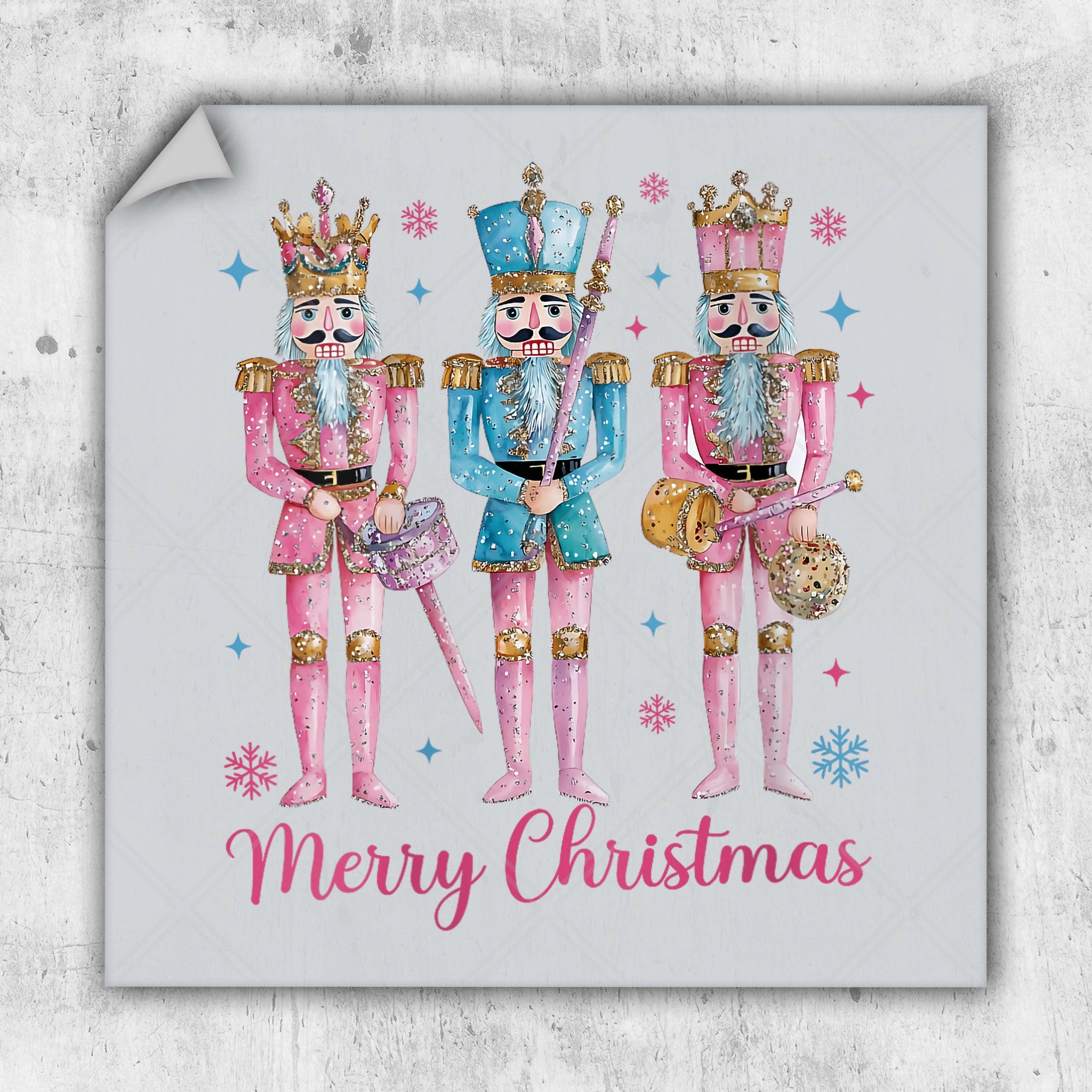 a merry christmas card with three nutcrackers