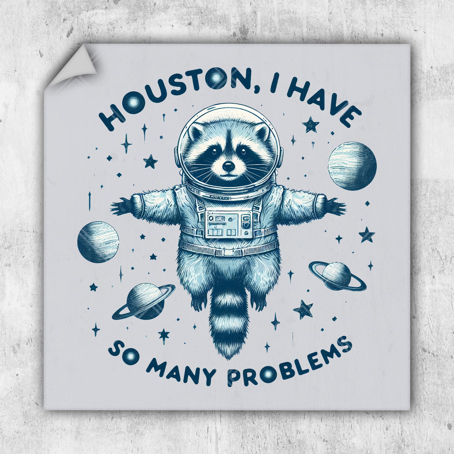 a raccoon in a space suit with the words houston, i have so