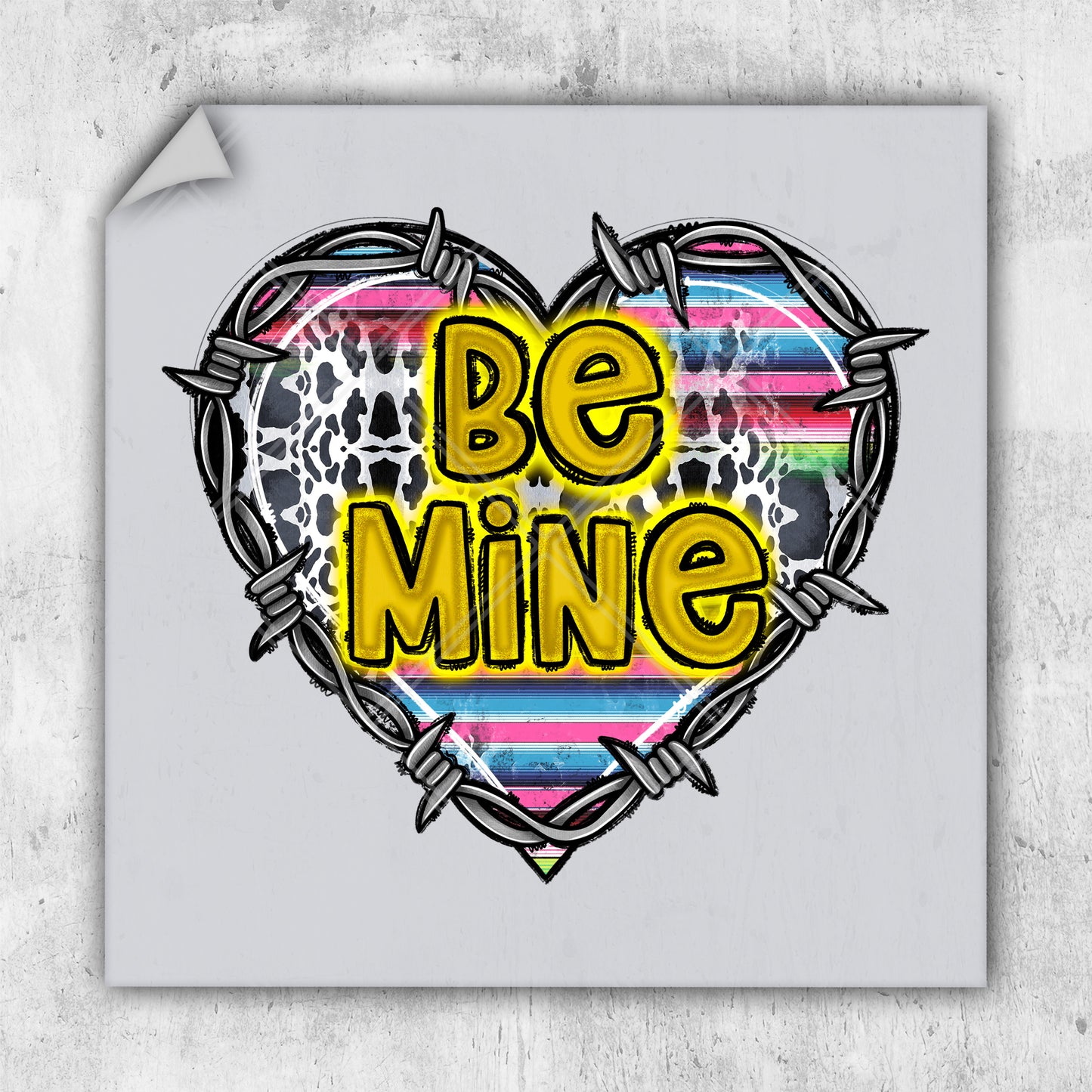 a heart shaped sticker with the words be mine on it