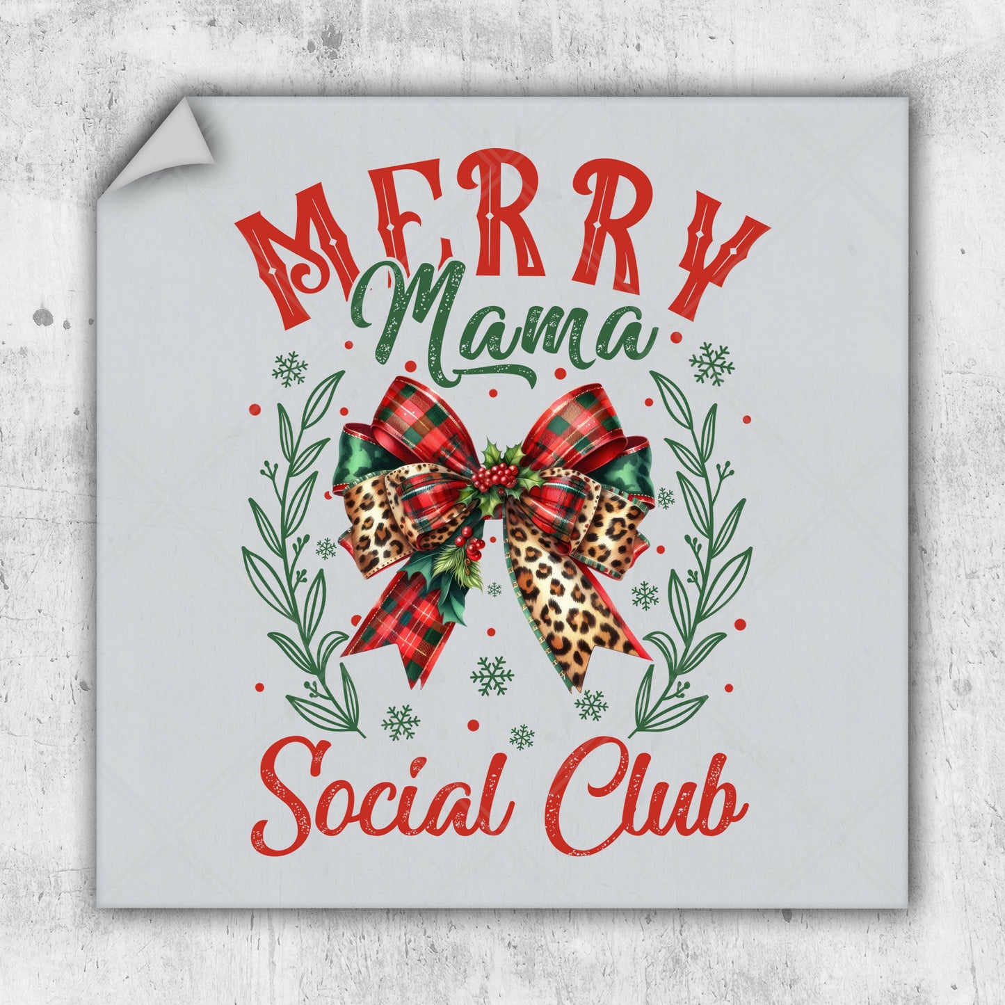 a merry mama social club sign with a bow