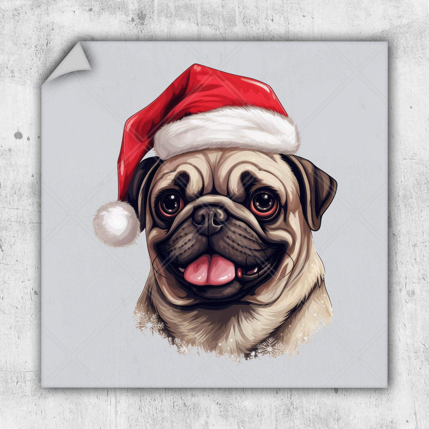 a picture of a pug wearing a santa hat