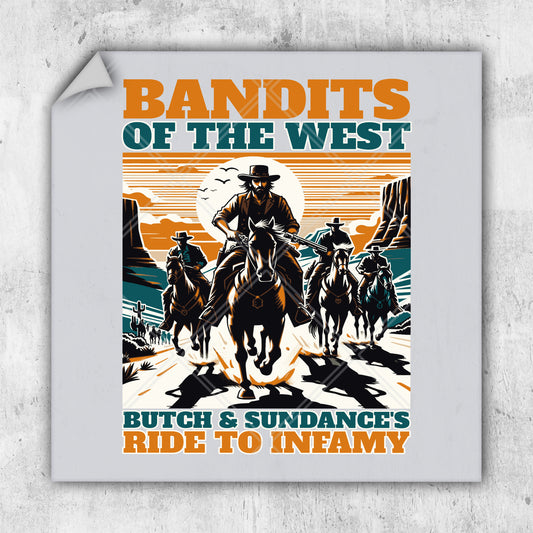 a poster of cowboys riding horses in the desert