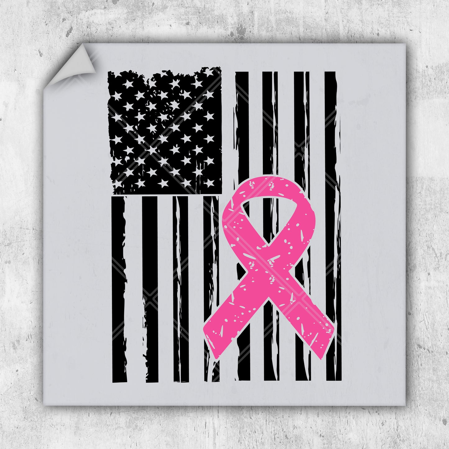 a pink ribbon on an american flag sticker