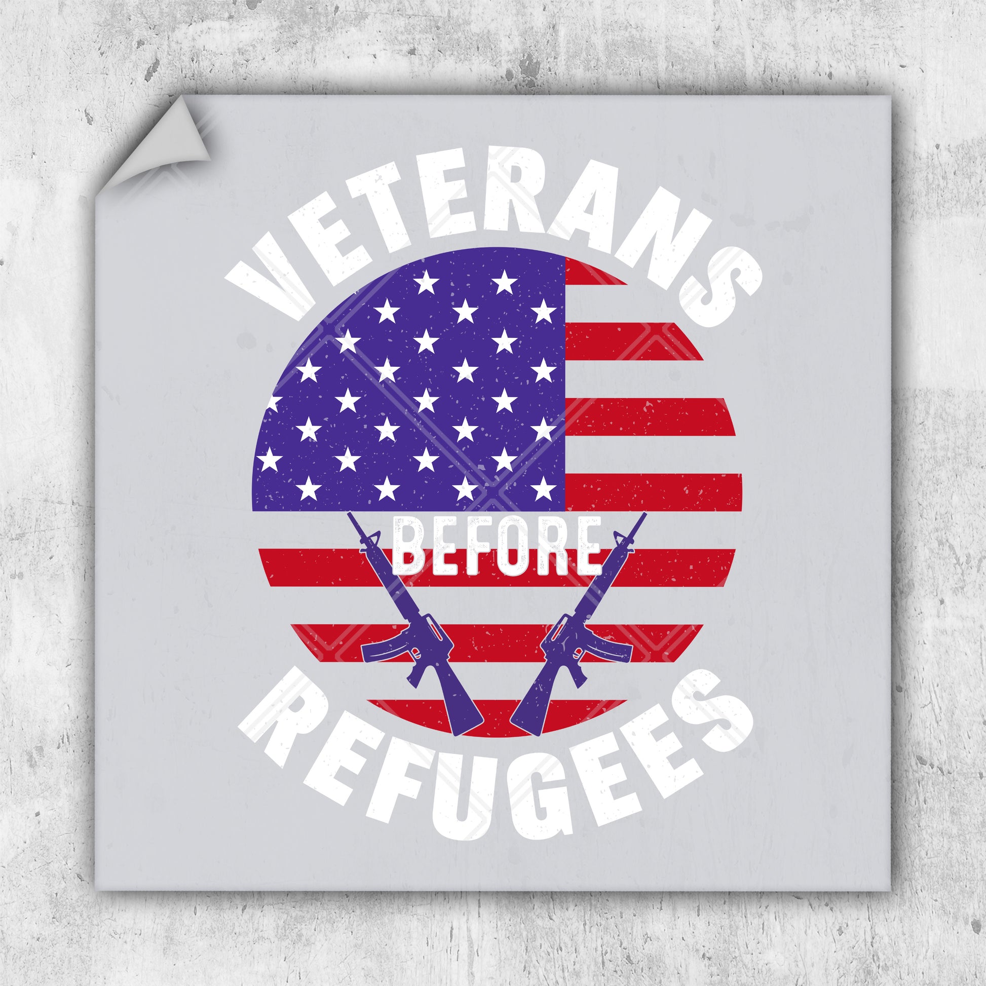 a square sticker with the words veterans before refugees