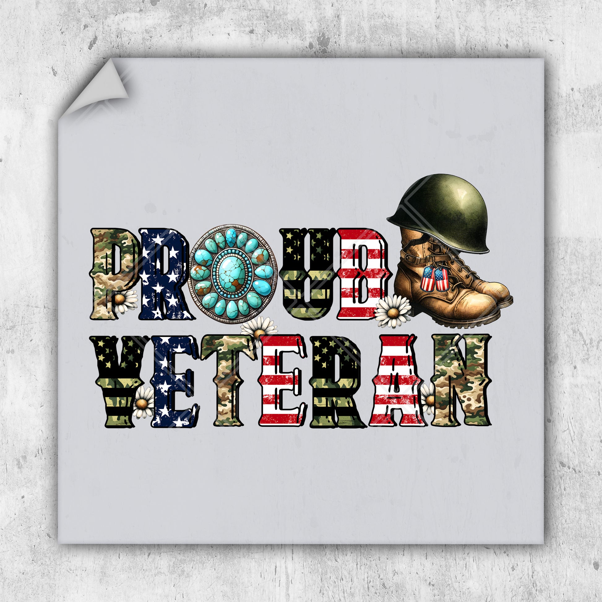 a picture of the word proud veteran with a soldier's helmet