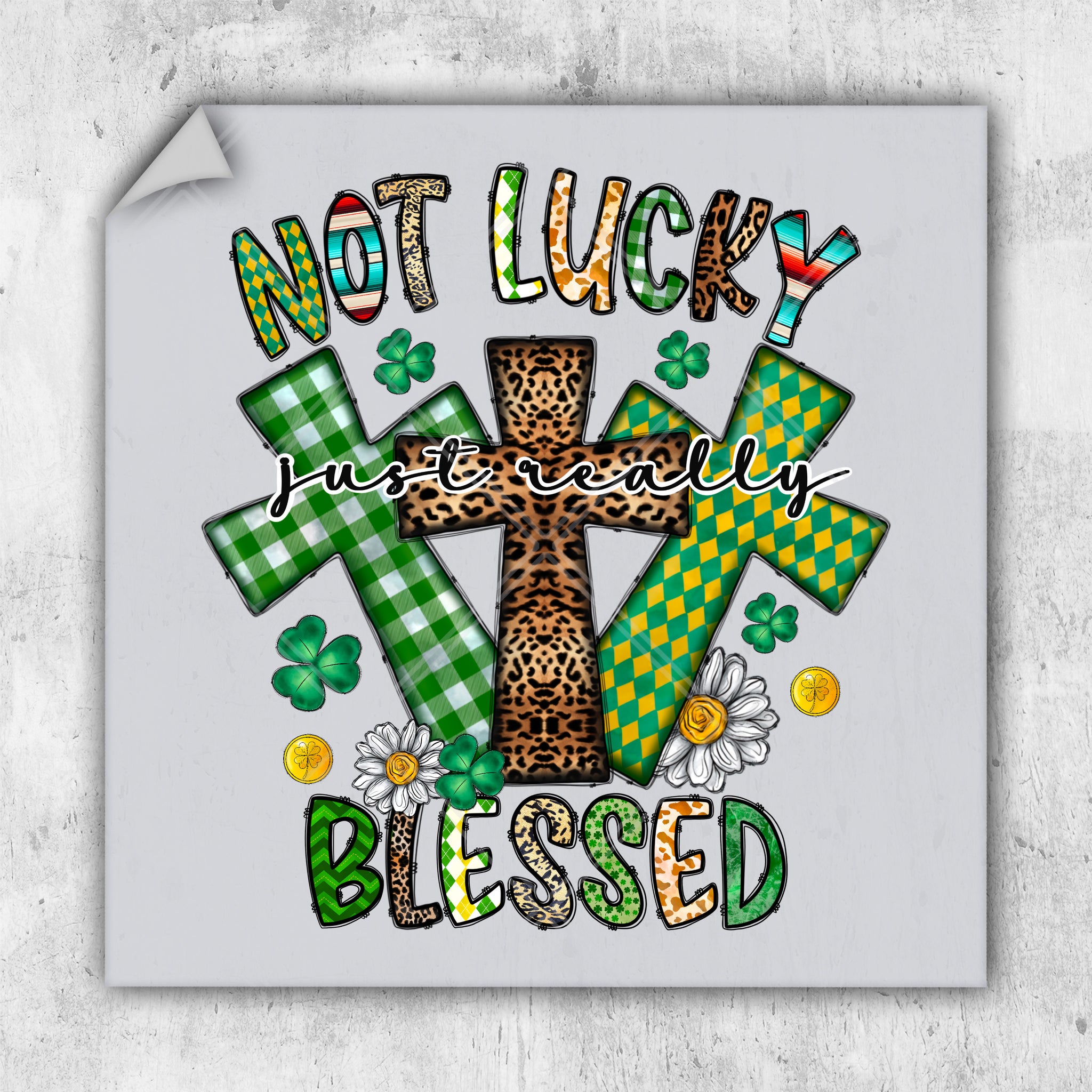a cross with a cheetah pattern on it and the words not lucky here