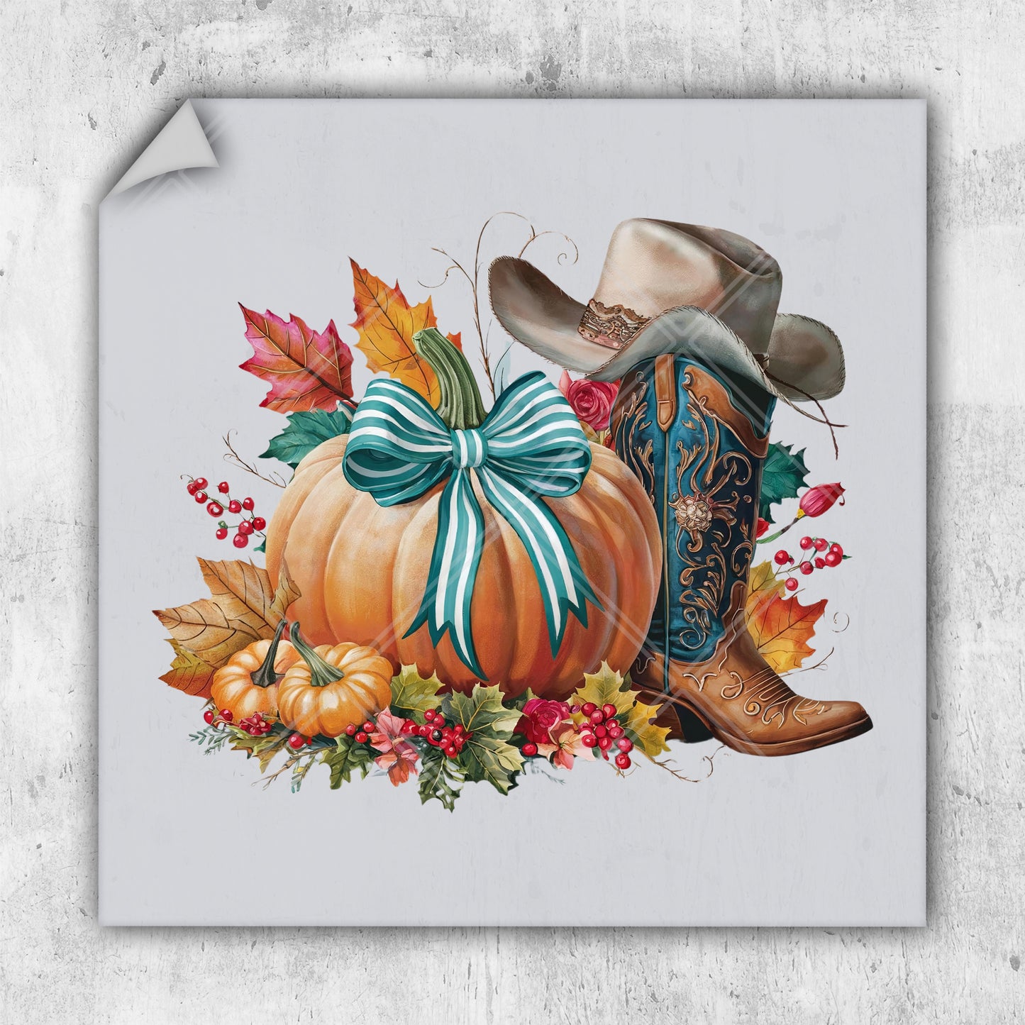 a painting of a cowboy hat, boots, and autumn leaves