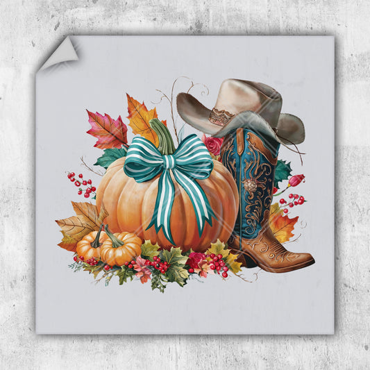 a painting of a cowboy hat, boots, and autumn leaves